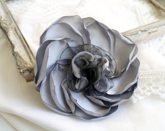 Gray Silk Flower Brooch: Large Silver Grey Fascinator Clip