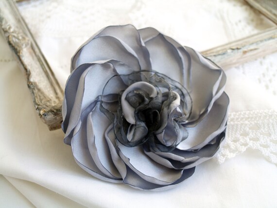 Gray Silk Flower Brooch Silver Grey Flower Big Flower Broach