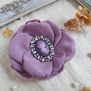 Purple Mauve Flower Brooch, Cameo Brooch, Chiffon Flower Corsage Pin, Lavender Dusty Color, Purple Corsage Flower, Friendship Gift for woman image 3