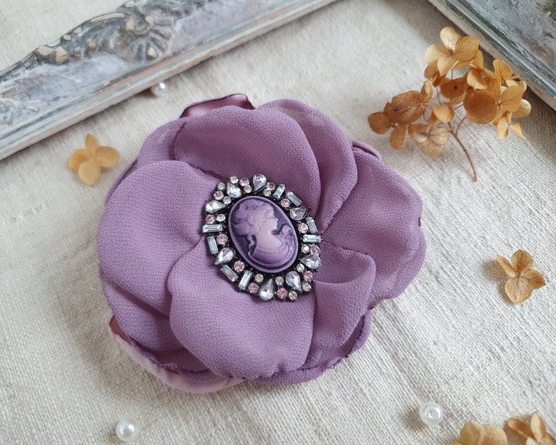 Purple Mauve Flower Brooch, Cameo Brooch, Chiffon Flower Corsage Pin, Lavender Dusty Color, Purple Corsage Flower, Friendship Gift for woman image 3