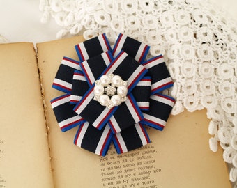 Red White Blue Rosette Brooch: Striped Grosgrain Ribbon Cockade Pin