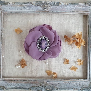 Purple Mauve Flower Brooch, Cameo Brooch, Chiffon Flower Corsage Pin, Lavender Dusty Color, Purple Corsage Flower, Friendship Gift for woman image 4