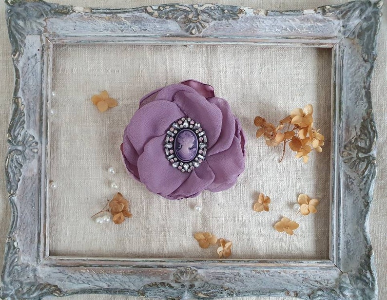 Purple Mauve Flower Brooch, Cameo Brooch, Chiffon Flower Corsage Pin, Lavender Dusty Color, Purple Corsage Flower, Friendship Gift for woman image 4
