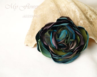 Teal brown flower brooch, fabric flower hair clip, Corsage flower broach, Silk flower, Peacock green hair piece, Birthday gift for mother