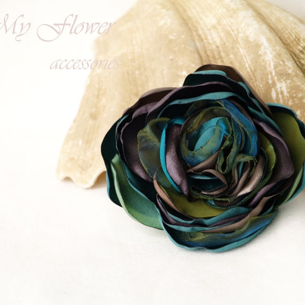 Teal brown flower brooch, fabric flower hair clip, Corsage flower broach, Silk flower, Peacock green hair piece, Birthday gift for mother