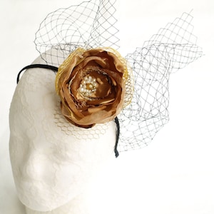 Gold caramel flower fascinator, Headband fascinator floral, small fascinator, Birdcage veil Black netting veil, Flower head piece black gold