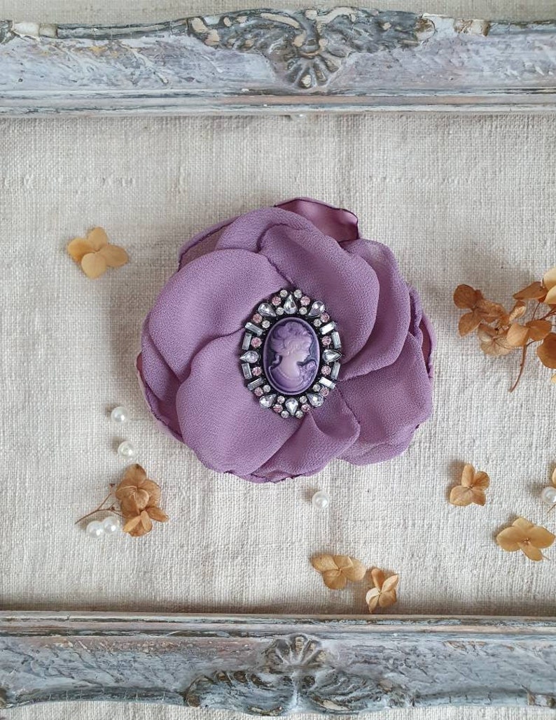 Purple Mauve Flower Brooch, Cameo Brooch, Chiffon Flower Corsage Pin, Lavender Dusty Color, Purple Corsage Flower, Friendship Gift for woman image 1