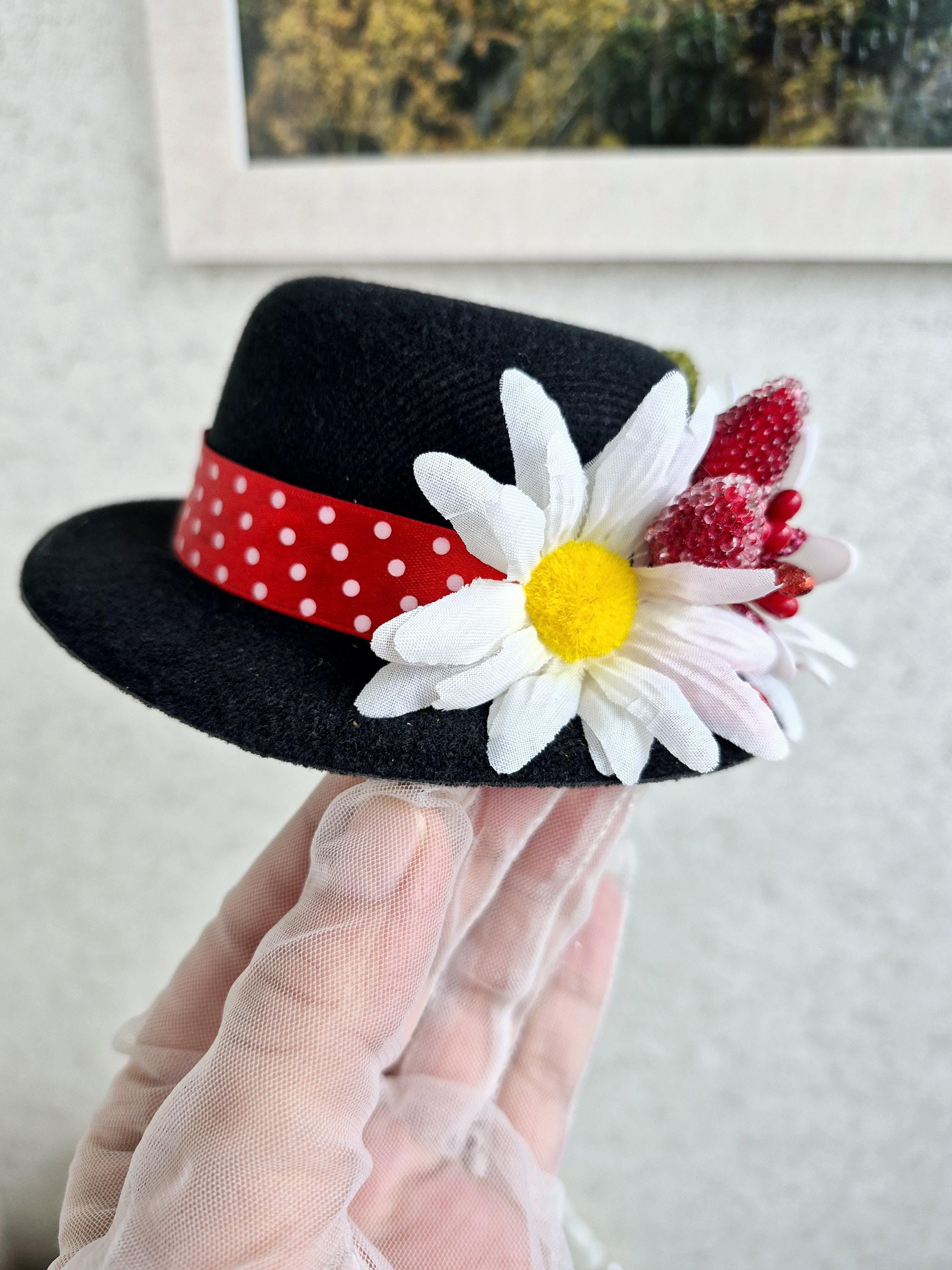 Black Mini Top Hat: Mary Poppins Style, Daisies & Strawberries
