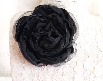 Black flower brooch, Fabric Flower brooch, Black Rose pin, Rose corsage brooch, Flower hair clip, Black flower pin, Black silk flower, Goth