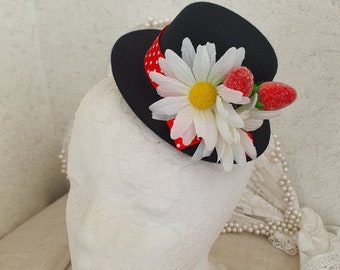 Mini Hat Hair Clip And Headband, Mary Poppins Headpiece, Black Mini Hat With Daisies, Mary Poppins Costume Head Piece, Hair Fascinator