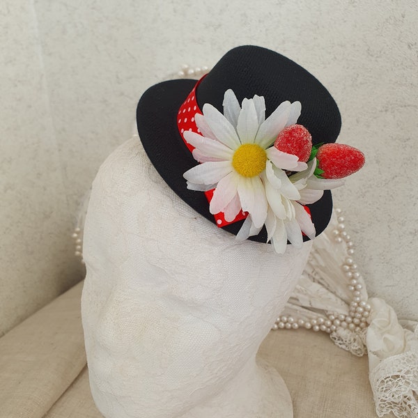 Mini sombrero clip de pelo y diadema, tocado de Mary Poppins, mini sombrero negro con margaritas, pieza de cabeza de traje de Mary Poppins, fascinador de cabello
