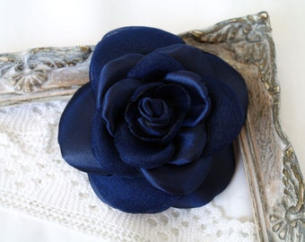 Blue flower brooch, Corsage flower pin, Navy blue flower broach, Statement hair piece, Camelia brooch, satin flower hair clip