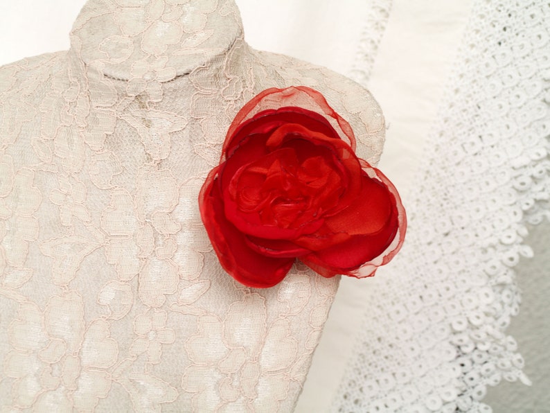 Red Flower Brooch Pin Red Silk Flower Corsage Flower Pin Etsy
