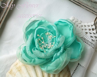 Mint flower brooch, Mint hair clip, Organza flower brooch, flower pins, Mother of bride, aqua blue, Corsage flower brooch, fabric flowers