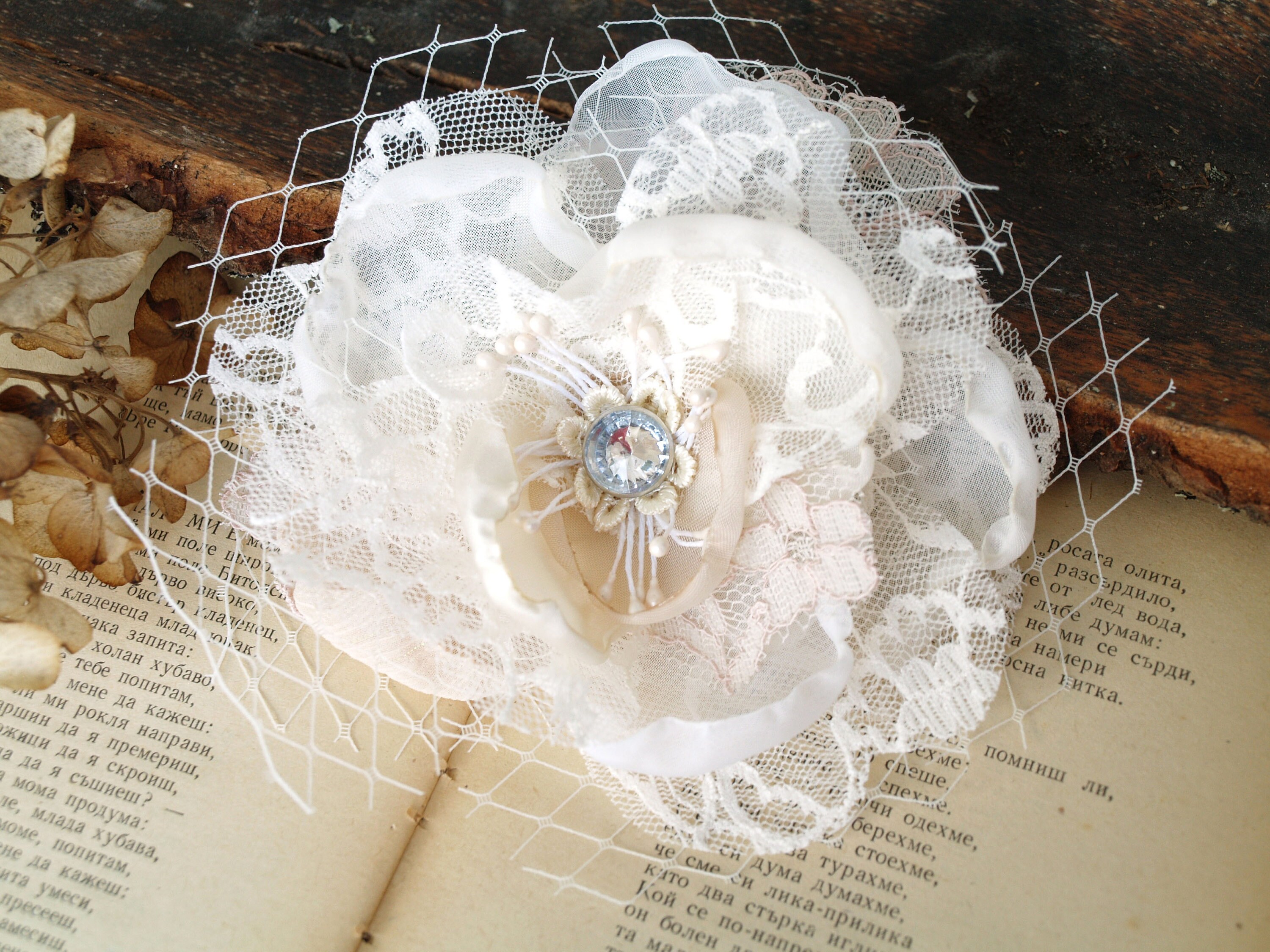 Bridal Flower Silk/Lace Hair Clip and Antique Broach Bridal hairpin set by Twigs & honey, wedding accessories  main image 3