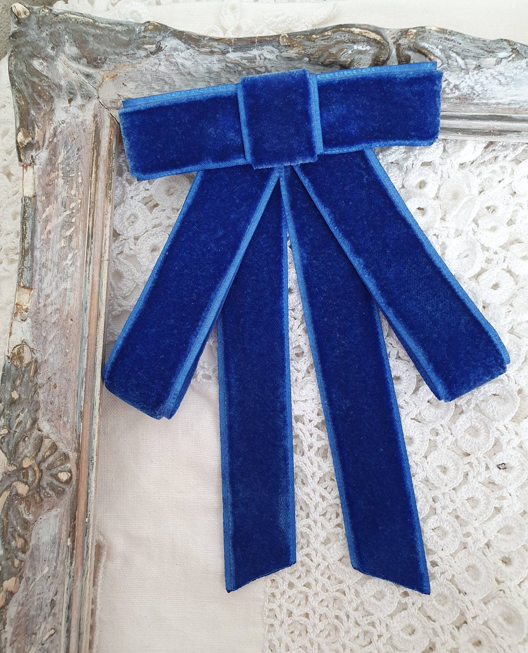 Royal Blue Velvet Bow Tie Brooch, Velvet Bow Tie, Office Wear Woman