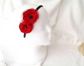Red flower headband, Black red hair piece, Girls fascinator, Poppy headband, Flower headpiece, flower girl, Girls photo prop, Valentine red