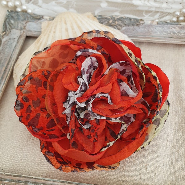 Orange Brick Chiffon flower brooch, flower hair clip, cheetah shoulder pin, Burnt Orange corsage flower, Fall colors, Autumn love, gift