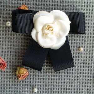Cream White Silk Camellia Brooch: Handmade Flower Bow Tie