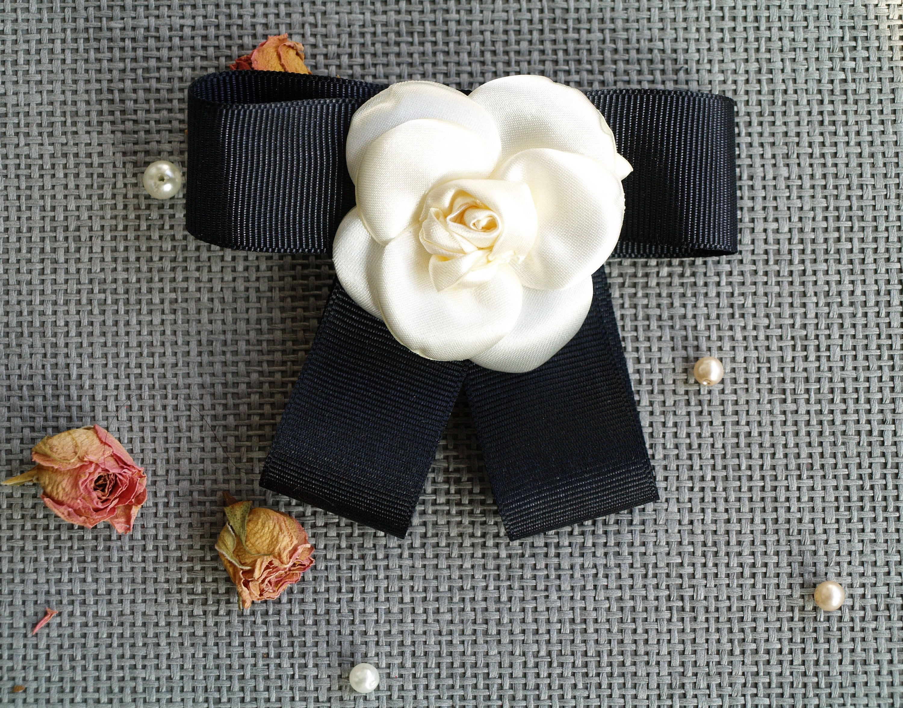 Camellia Black and Cream Bow Hair Tie Black Velvet Hair Bow With Ivory Camellia Flower - Etsy main image 2