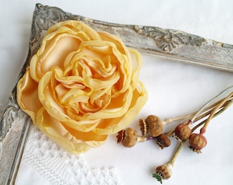 Yellow Silk Rose Brooch: Handmade Fabric Flower Pin, Hair Clip