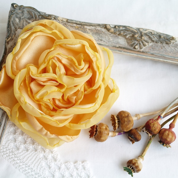 Yellow Flower Brooch, Yellow Silk Rose, Flower Hair Clip, Mother Of Bride, Floral Fair Piece, Yellow Cream Fabric Flower Pin, Womens Gift