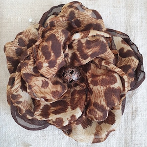 Warming Brown Leopard Print Flower Brooch, Dress Brooch, Brown Fabric Flower, Corsage Flower Pin, Animal Print Accessory, Gift For Woman