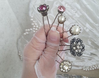 Vintage 1970s Hair Pins, Crystal and Pearls Bridal Hair Pin, Set de 6 Old Silver tono Art Nuovo accesorio para el cabello, Pines de pelo de boda, Antiguo