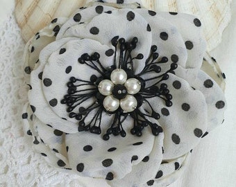 Off White And Black Polka Dot Flower Brooch, Flower Pin, Pearl Brooches, Polka Dots Corsage Flower, Big Flower Broach, Fabric Flower, Gift