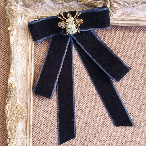 Deep Blue Navy Bow Tie Brooch With Honey Bee, Insect Jewelry, Fly Brooch, Bee Brooch, Velvet Neck Bow, Neck Tie, Women Ties, Velvet Bowknot