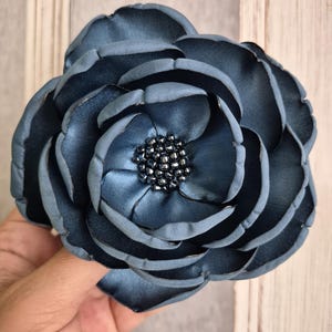 Steel Blue flower brooch pin, Blue satin flower, Flower hair piece, Corsage flower, Blue for wedding day, Mother of bride, Gift for her