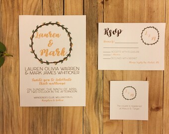 Floral Wreath Wedding Invitation, Greenery Wedding Invitation, Floral Wedding Invitation Set, Rustic Wedding invitation