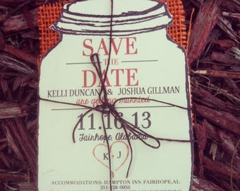 Fall Save the Dates, Burnt Orange Save the Date, Mason Jar Save the Dates, Mason Jar With Sackleinen Save the Date, Orange Burlap Save the Dates