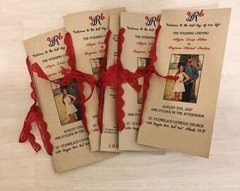 Wedding Program Book, Kraft Wedding Programs, Wedding Program with Red and Kraft, Kraft Wedding Program Book, Red Lace Wedding Program,