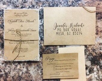 Rustic Wedding Invitation, Kraft with Burlap Wedding Invitation, Chic Wedding Invitation, Boho Wedding Invitation