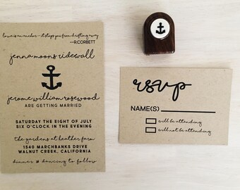 Puede incluir: Un juego de invitación de boda y tarjeta RSVP de color tostado con texto negro y un gráfico de ancla. La invitación dice: Love is an anchor... it stops you from drifting away --R.CORBETT, jenna moons ridewall, jerome william rosewood.