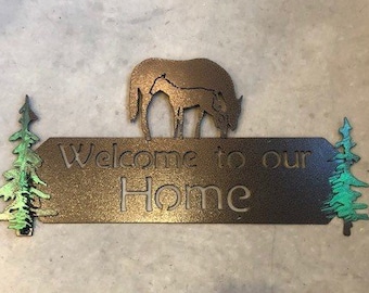 3D horse welcome to our home sign with recycled metal and powder coat finish