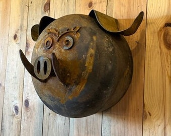 hanging pig head boar head metal art head made form upcycled propane tank and other recycled parts