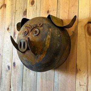 hanging pig head boar head metal art head made form upcycled propane tank and other recycled parts