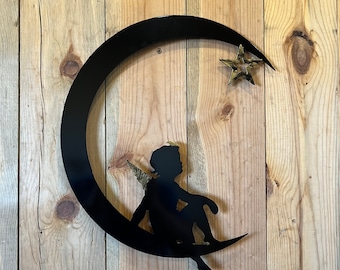 metal fairy and moon angle and moon sign artwork with stars star gazing sign