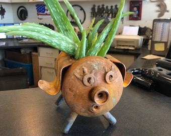 Coleman propane bottle pig planter upcycled rustic small pig planter made from recycled metal
