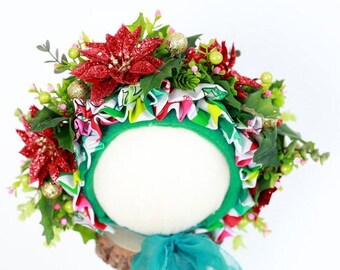 Christmas Flower baby bonnet prop / Christmas bonnet / floral baby bonnet / garden bonnet / flower bonnet / Sitter Bonnet