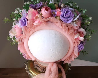 Pink Purple Bonnet / baby bonnet / flower bonnet / baby photo prop / floral bonnet / cake smash prop / baby flower bonnet