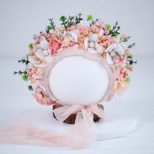 Peach Flower Bonnet / Sitter Baby / Floral bonnet / garden bonnet / flower bonnet / baby flower bonnet / peach baby bonnet / blooming bonnet