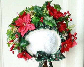 Christmas Flower Bonnet  photo prop / Xmas Baby Prop / Christmas baby hat / floral baby bonnet / sitter baby prop / Xmas Bonnet