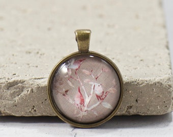 PENDANT ONLY, Japanese Inspired Bird Design Pendant, Pink Flowers Round Glass Dome Pendant Art, Antique Brass Jewelry Gift for Women