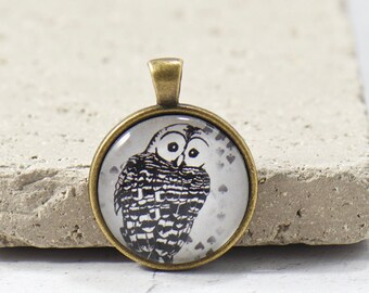 PENDANT ONLY, Black and White Owl Pendant, Book Style Art Deco Owl Design Pendant, Unique Brass Pendant, Gift for Her Under 5