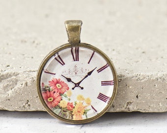 PENDANT ONLY, Steampunk Pink and Yellow Flowers Clock Pendant, Boho Style Clock Face Pendant, 1 in Brass Bezel Pendant, Gifts Under 5
