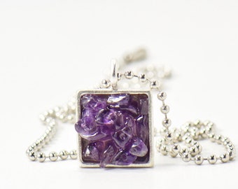 Amethyst Gemstones Silver Pendant Necklace, Purple Square Tile Resin Jewelry, Unique Minimalist, Everyday Pendant, Antique Silver Charm