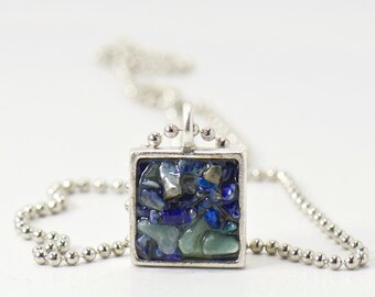 Blue Green Agate Gemstones Silver Necklace, Handcrafted Bezel, Square Charm Tile Resin Jewelry, Unique Minimalist, Everyday Pendant Necklace